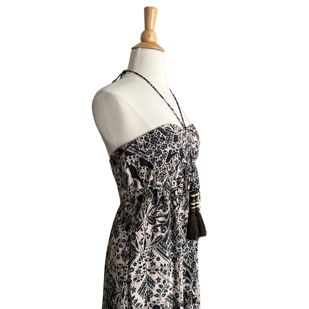VICI Boho Halter Maxi‎ Dress Babydoll Black Cream Floral Resort Wear Beachy S - Picture 6 of 16